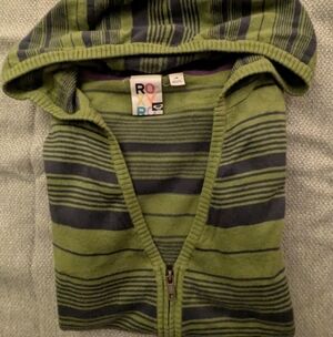 Roxy Green and Navy Striped Zip-Up Sweater With A Hood